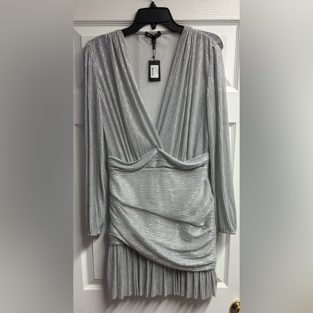 NWT MAJE Runnyli Silver Shimmer Metallic Draped Lurex Mini Dress Size 40 - Picture 2 of 5
